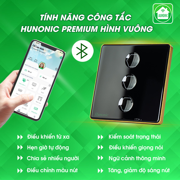 Công Tắc Cảm Ứng Hunonic Premium Hình Vuông Viền Vàng